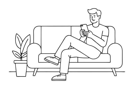Man using smartphone while relaxing on couch at home Line art flat illustration on white background. vector