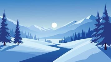Snow covered trees glisten under the bright sun, creating a serene winter landscape filled with light and tranquility flat illustration. vector