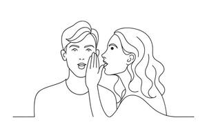 Woman whispering gossip or secret rumors to man One line continuous line art illustration on white background. vector