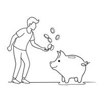 Human in hands shaking piggy bank. Fall money. Drop coins One line continuous line art illustration on white background. vector