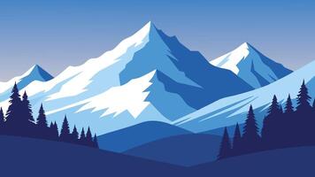 Snow covered trees with majestic mountains in the background, creating a serene winter landscape flat illustration vector