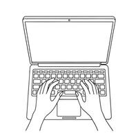 Hands in work at laptop keyboard with blank monitor screen at table One line continuous line art illustration on white background. vector