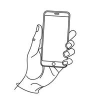 hand touching smartphone. cartoon icon or mockup of using mobile phone One line continuous line art illustration on white background vector