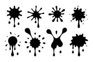 black ink splashes and drops. Different hand drawn spray design elements. Blobs and spatters best collection set. vector