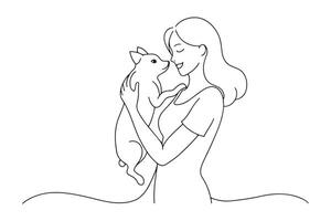 Young woman hugging and playing with a pet on their hands One line continuous line art illustration on white background. vector