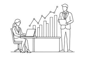 Business people working for data analytics graph report dashboard One line continuous line art illustration on white background. vector