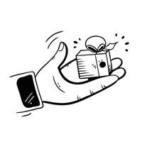 Hand holding a small gift Hand drawn doodle Line art flat illustration vector
