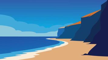 Sandy beach with clear blue water, framed by a majestic cliff in the background vector