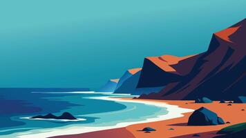 Rocky beach with waves crashing energetically against the shore, creating a dynamic coastal scene flat illustration. vector