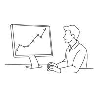 Man in front of a computer, focused on a graph presented on the monitor One line continuous line art illustration on white background. vector