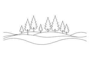 A simple line drawing depicting a serene lake surrounded by trees, capturing the essence of nature's tranquility One line continuous line art illustration on white background. vector