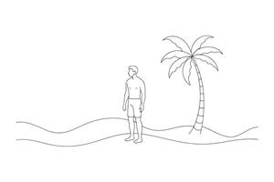 a man in water beside a palm tree on the shoreline, capturing a serene coastal scene One line continuous line art illustration on white background vector