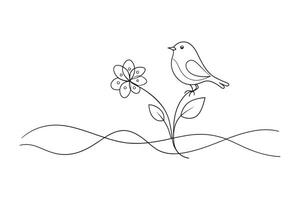 A delicate drawing featuring a vibrant flower alongside a graceful bird, showcasing nature's beauty and harmony One line continuous line art illustration on white background vector