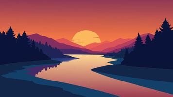 River landscape at sunset, with vibrant colors reflecting on the water and silhouettes of trees in the background. vector