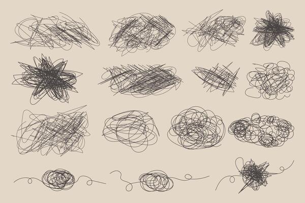 Chaotic scribble lines collection. Hand draw doodle crazy tangled scribbles