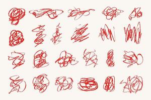 Red hand draw chaotic scribble lines collection on white background vector