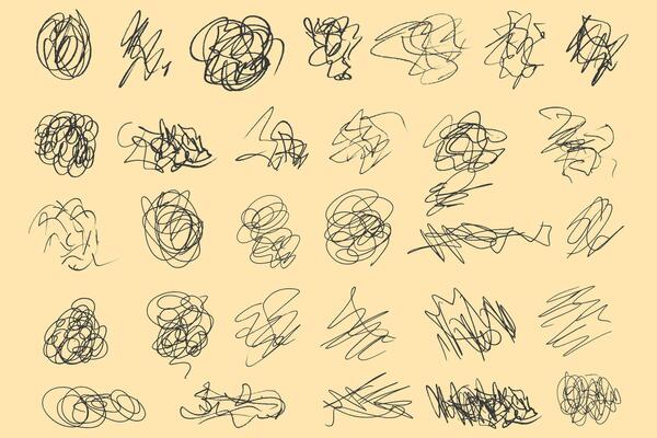Random chaotic scribble lines collection on yellow background
