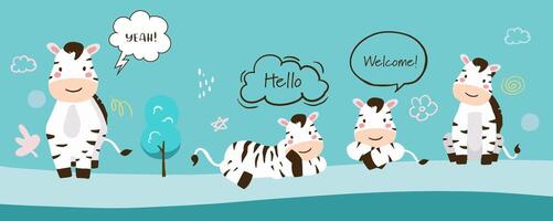 cute zebra template banner with different character vector
