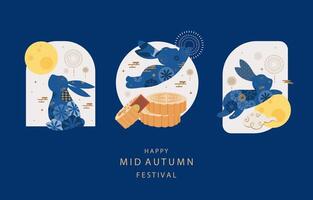 mid-autumn festival background with rabbit,mooncake,moon . for horizontal design vector