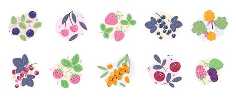 Compositions with berries and leaves set. Appetizing labels with berries. vector