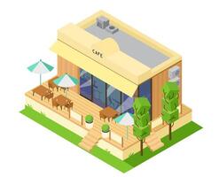 Isometric Cafe Shop Building With Summer Terrace With Tables And Parasols. vector
