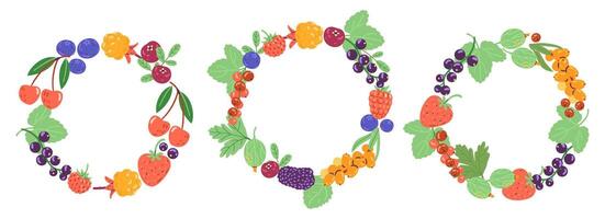 Wreaths from ripe berries illustrations set. Round borders from berries and leaves. vector