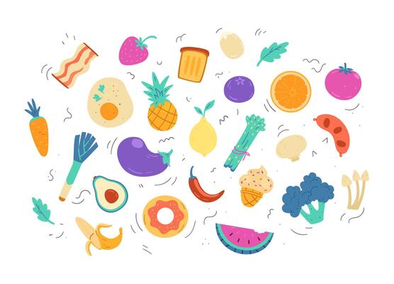 Different food, fruits ang vegetables colorful doodle illustrations.