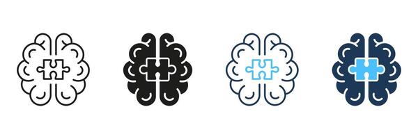 Jigsaw, Human Mind Concept Line and Silhouette Icon Set. Puzzle and Brain Symbol Collection. Editable Stroke. Isolated Illustration vector