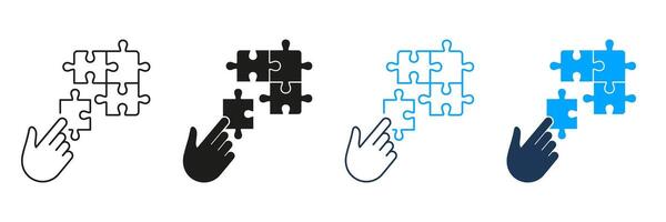 Puzzle Strategy Solution Line and Silhouette Icon Set. Jigsaw and Human Hand. Connect Parts of Puzzle. Editable Stroke. Isolated Illustration vector