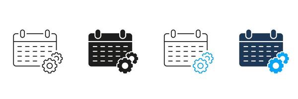 Job Appointment Sign. Time Management Line and Silhouette Icon Set. Calendar with Gear Pictogram, Schedule Concept. Work Project Deadline Symbol. Editable Stroke. Isolated Illustration vector
