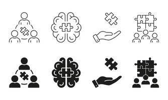 Jigsaw, Human Mind Concept Line and Silhouette Icon Set. Puzzle Jigsaw and Partnership Success. Team Building, Unity, Business Community Pictogram. Editable Stroke. Isolated Illustration vector