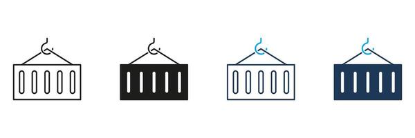 Container on Metal Crane Line and Silhouette Icon Set. Warehouse Equipment Pictogram. Freight Loading and Transportation Symbol. Export and Import Sign. Editable Stroke. Isolated Illustration vector