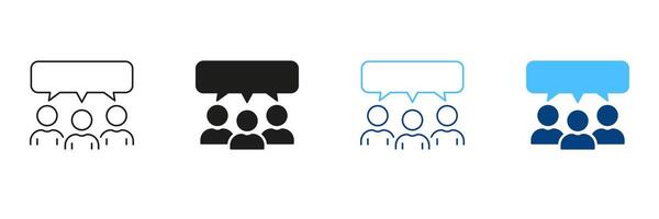 Speech Bubble And Group Of People Line and Silhouette Icon Set. Team Talk, Discussion Pictogram. Three Men Talking Symbol. Conversation At Meeting Sign. Editable Stroke. Isolated Illustration vector