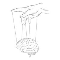 A human hand is manipulating a brain with strings, as if controlling a puppet. vector