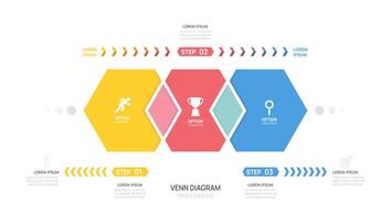 Infographic Hexagon Venn diagram chart template for business start up presentation with venn diagram elements illustration. vector