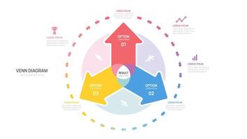 Infographic Venn diagram chart arrow template for business 3 steps options with venn diagram elements illustration. vector