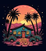 a blue house with palm trees and a sunset in the background. vector