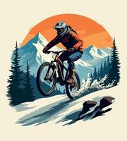 a tshirt design for a mountain biker with a sunset in the background vector
