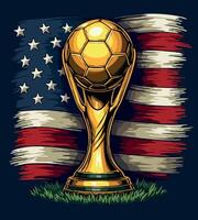 a gold trophy with a flag and a flag behind it vector