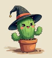 a cartoon drawing of a cactus in a pot with a witch hat on it. vector