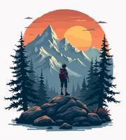 a man stands on a rock in front of a mountain with a sunset in the background. vector