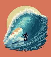 a drawing of a surfer riding a wave with the sun setting behind him. vector