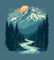 Adobe Illustrator Artworka river runs through a forest with a full moon and a mountain in the background. vector