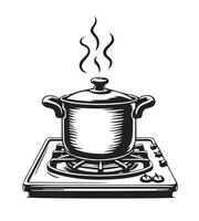 a black and white drawing of a pot on a stove top vector