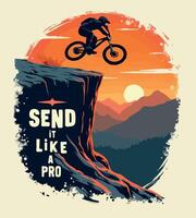 a tshirt design with a man riding a cliff and a mountain vector