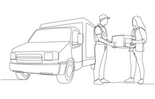 Continuous one line drawing of delivery man standing beside pickup delivery truck handing parcel box to customer, delivery service concept, single line art. vector