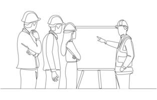 Continuous one line drawing of young engineer reporting construction project progress to project management team, construction business concept, single line art. vector