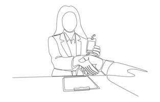 Continuous one line drawing of hr officer giving employee ID badge to new employee, entering work for the first time concept, single line art. vector