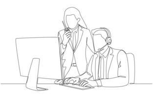 Continuous one line drawing of event manager with walkie-talkie working with colleague in control room, event organization and technical support concept, single line art. vector