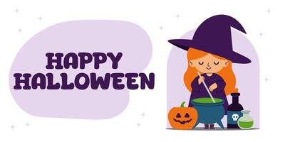 witch with bubbling cauldron, pumpkin, create a festive Halloween atmosphere. Template banner. invitation. vector